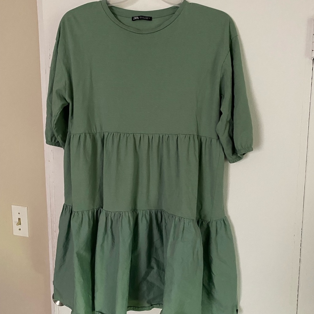 Zara Sage Green Tiered Mini Dress Sz M